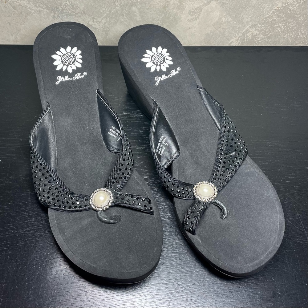 Yellow Box wedge sandal pearl detail